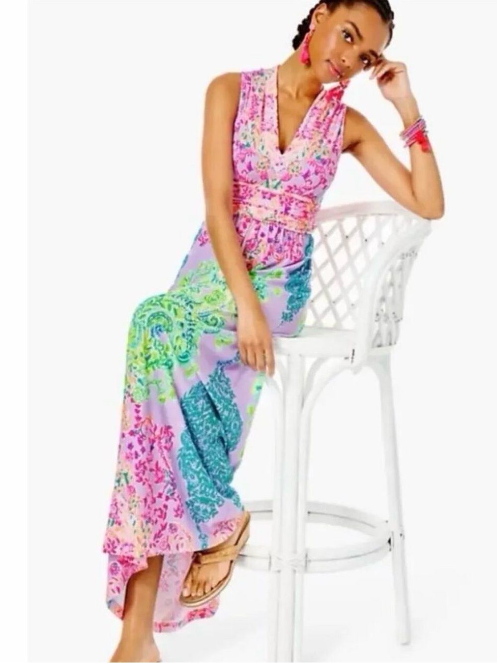Lilly Pulitzer Pearce Sunshine Vibes Vibrant Pink Green Orange Maxi Dress L - Picture 2 of 7